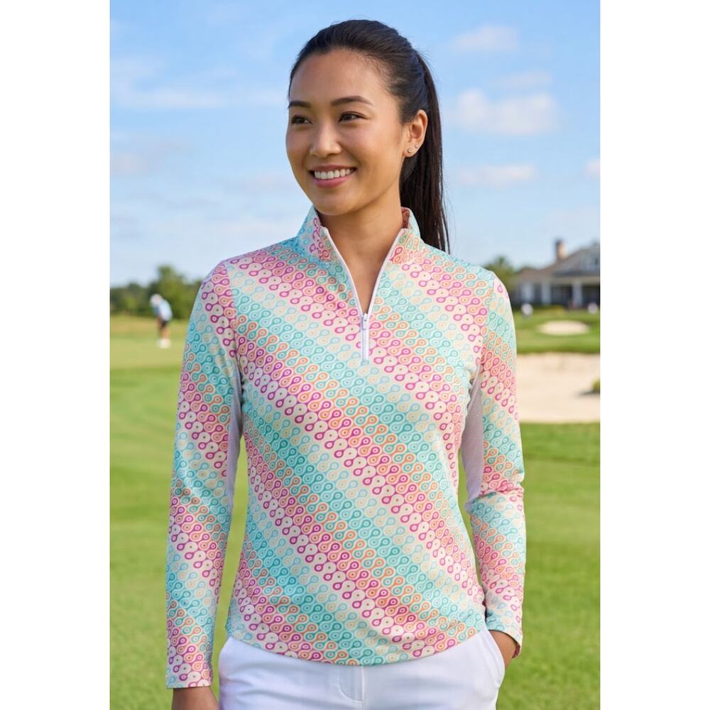 IBKÜL Icefil UPF 50+ Sun Shirt 1/4 Zip Geometric Swirl Print Pink Orange Medium
